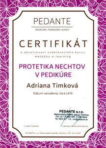 Certifikát - Protetika nechtov v pedikúre