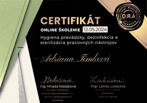 Certifikát - Hygiena prevádzky, dezinfekcia a sterilizácia pracovných nástrojov
