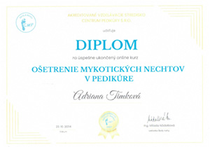 Certifikát - Ošetrenie mykotických nechtov v pedikúre